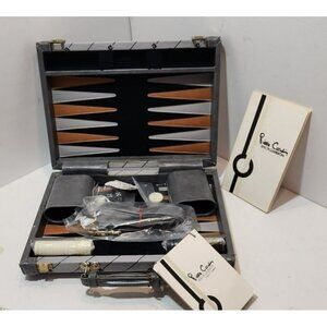 Vintage Pierre Cardin ~Travel Backgammon Set Canvas Leather Briefcase Grey